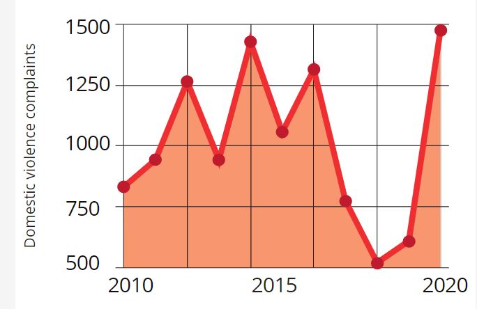 Graph showing the domestic violence complaints data from 2010 to 2020