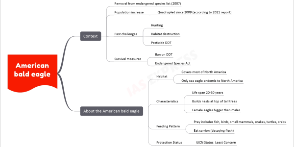 American bald eagle upsc notes Context Removal from endangered species list (2007) Population increase Quadrupled since 2009 (according to 2021 report) Past challenges Hunting Habitat destruction Pesticide DDT Survival measures Ban on DDT Endangered Species Act About the American bald eagle Habitat Covers most of North America Only sea eagle endemic to North America Characteristics Life span 20-30 years Builds nests at top of tall trees Female eagles bigger than males Feeding Pattern Prey includes fish, birds, small mammals, snakes, turtles, crabs Eat carrion (decaying flesh) Protection Status IUCN Status: Least Concern