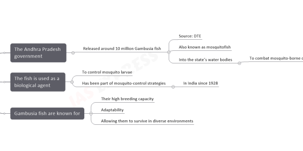 Gambusia upsc notes The Andhra Pradesh government Released around 10 million Gambusia fish Source: DTE Also known as mosquitofish Into the state’s water bodies To combat mosquito-borne diseases Like malaria and dengue The fish is used as a biological agent To control mosquito larvae Has been part of mosquito-control strategies In India since 1928 Gambusia fish are known for Their high breeding capacity Adaptability Allowing them to survive in diverse environments