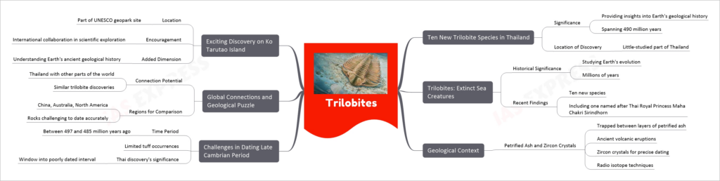Trilobites mind map
Ten New Trilobite Species in Thailand
Significance
Providing insights into Earth's geological history
Spanning 490 million years
Location of Discovery
Little-studied part of Thailand
Trilobites: Extinct Sea Creatures
Historical Significance
Studying Earth's evolution
Millions of years
Recent Findings
Ten new species
Including one named after Thai Royal Princess Maha Chakri Sirindhorn
Geological Context
Petrified Ash and Zircon Crystals
Trapped between layers of petrified ash
Ancient volcanic eruptions
Zircon crystals for precise dating
Radio isotope techniques
Challenges in Dating Late Cambrian Period
Time Period
Between 497 and 485 million years ago
Limited tuff occurrences
Thai discovery's significance
Window into poorly dated interval
Global Connections and Geological Puzzle
Connection Potential
Thailand with other parts of the world
Similar trilobite discoveries
Regions for Comparison
China, Australia, North America
Rocks challenging to date accurately
Exciting Discovery on Ko Tarutao Island
Location
Part of UNESCO geopark site
Encouragement
International collaboration in scientific exploration
Added Dimension
Understanding Earth's ancient geological history