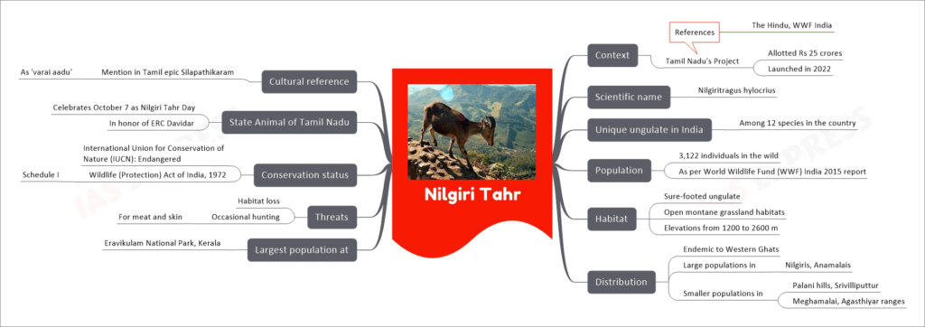 Nilgiri Tahr mind map
Context
Tamil Nadu's Project
Allotted Rs 25 crores
Launched in 2022
References
The Hindu, WWF India
Scientific name
Nilgiritragus hylocrius
Unique ungulate in India
Among 12 species in the country
Population
3,122 individuals in the wild
As per World Wildlife Fund (WWF) India 2015 report
Habitat
Sure-footed ungulate
Open montane grassland habitats
Elevations from 1200 to 2600 m
Distribution
Endemic to Western Ghats
Large populations in
Nilgiris, Anamalais
Smaller populations in
Palani hills, Srivilliputtur
Meghamalai, Agasthiyar ranges
Largest population at
Eravikulam National Park, Kerala
Threats
Habitat loss
Occasional hunting
For meat and skin
Conservation status
International Union for Conservation of Nature (IUCN): Endangered
Wildlife (Protection) Act of India, 1972
Schedule I
State Animal of Tamil Nadu
Celebrates October 7 as Nilgiri Tahr Day
In honor of ERC Davidar
Cultural reference
Mention in Tamil epic Silapathikaram
As 'varai aadu'