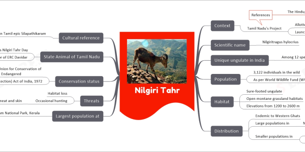 Nilgiri Tahr mind map Context Tamil Nadu's Project Allotted Rs 25 crores Launched in 2022 References The Hindu, WWF India Scientific name Nilgiritragus hylocrius Unique ungulate in India Among 12 species in the country Population 3,122 individuals in the wild As per World Wildlife Fund (WWF) India 2015 report Habitat Sure-footed ungulate Open montane grassland habitats Elevations from 1200 to 2600 m Distribution Endemic to Western Ghats Large populations in Nilgiris, Anamalais Smaller populations in Palani hills, Srivilliputtur Meghamalai, Agasthiyar ranges Largest population at Eravikulam National Park, Kerala Threats Habitat loss Occasional hunting For meat and skin Conservation status International Union for Conservation of Nature (IUCN): Endangered Wildlife (Protection) Act of India, 1972 Schedule I State Animal of Tamil Nadu Celebrates October 7 as Nilgiri Tahr Day In honor of ERC Davidar Cultural reference Mention in Tamil epic Silapathikaram As 'varai aadu'