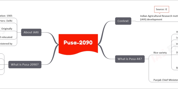 Pusa-2090 mind map Context Indian Agricultural Research Institute (IARI) development Improved rice variety Alternative to Pusa-44 Associated with stubble burning Source: IE What is Pusa-44? Rice variety High yield Longer maturity period Contributes to stubble burning Post-harvest issue Dominates paddy cultivation In Punjab Particularly non-basmati varieties Basmati varieties comparison Softer straw Less stubble burning Smaller cultivation area Punjab Chief Minister announcement Ban on Pusa-44 cultivation Starting 2024 What is Pusa-2090? Cross between Pusa-44 and CB-501 Matures in 120-125 days Compared to 155-160 days for Pusa-44 Shorter duration Similar high yields Addresses stubble burning In regions like Punjab and Haryana About IARI Formation: 1905 Headquarters: Delhi Originally Imperial Institute of Agricultural Research Located in Pusa, Bihar Renamed and relocated To Delhi in 1936 Administered by Indian Council of Agricultural Research (ICAR)