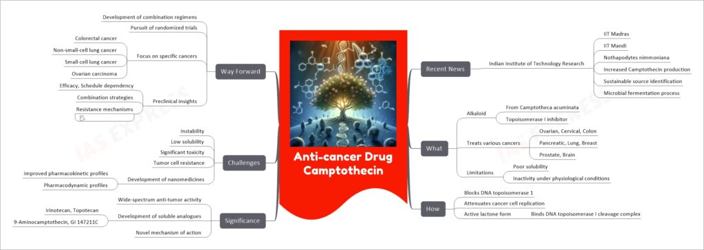 Anti-cancer Drug Camptothecin mind map 
Recent News
Indian Institute of Technology Research
IIT Madras
IIT Mandi
Nothapodytes nimmoniana
Increased Camptothecin production
Sustainable source identification
Microbial fermentation process
What
Alkaloid
From Camptotheca acuminata
Topoisomerase I inhibitor
Treats various cancers
Ovarian, Cervical, Colon
Pancreatic, Lung, Breast
Prostate, Brain
Limitations
Poor solubility
Inactivity under physiological conditions
How
Blocks DNA topoisomerase 1
Attenuates cancer cell replication
Active lactone form
Binds DNA topoisomerase I cleavage complex
Significance
Wide-spectrum anti-tumor activity
Development of soluble analogues
Irinotecan, Topotecan
9-Aminocamptothecin, GI 147211C
Novel mechanism of action
Challenges
Instability
Low solubility
Significant toxicity
Tumor cell resistance
Development of nanomedicines
Improved pharmacokinetic profiles
Pharmacodynamic profiles
Way Forward
Development of combination regimens
Pursuit of randomized trials
Focus on specific cancers
Colorectal cancer
Non-small-cell lung cancer
Small-cell lung cancer
Ovarian carcinoma
Preclinical insights
Efficacy, Schedule dependency
Combination strategies
Resistance mechanisms