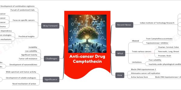 Anti-cancer Drug Camptothecin mind map Recent News Indian Institute of Technology Research IIT Madras IIT Mandi Nothapodytes nimmoniana Increased Camptothecin production Sustainable source identification Microbial fermentation process What Alkaloid From Camptotheca acuminata Topoisomerase I inhibitor Treats various cancers Ovarian, Cervical, Colon Pancreatic, Lung, Breast Prostate, Brain Limitations Poor solubility Inactivity under physiological conditions How Blocks DNA topoisomerase 1 Attenuates cancer cell replication Active lactone form Binds DNA topoisomerase I cleavage complex Significance Wide-spectrum anti-tumor activity Development of soluble analogues Irinotecan, Topotecan 9-Aminocamptothecin, GI 147211C Novel mechanism of action Challenges Instability Low solubility Significant toxicity Tumor cell resistance Development of nanomedicines Improved pharmacokinetic profiles Pharmacodynamic profiles Way Forward Development of combination regimens Pursuit of randomized trials Focus on specific cancers Colorectal cancer Non-small-cell lung cancer Small-cell lung cancer Ovarian carcinoma Preclinical insights Efficacy, Schedule dependency Combination strategies Resistance mechanisms