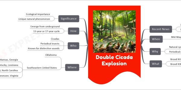 Double Cicada Explosion mind map Recent News January 2024 First time in 221 years When Mid-May to late June 2024 Why Natural cycle Periodical emergence What Brood XIII Brood XIX Where Oklahoma Southeastern United States Including Alabama, Arkansas, Georgia Illinois, Indiana, Kentucky, Louisiana Missouri, Mississippi, North Carolina South Carolina, Tennessee, Virginia Who Cicadas Periodical insects Known for distinctive sounds How Emerge from underground 13-year or 17-year cycle Significance Ecological importance Unique natural phenomenon