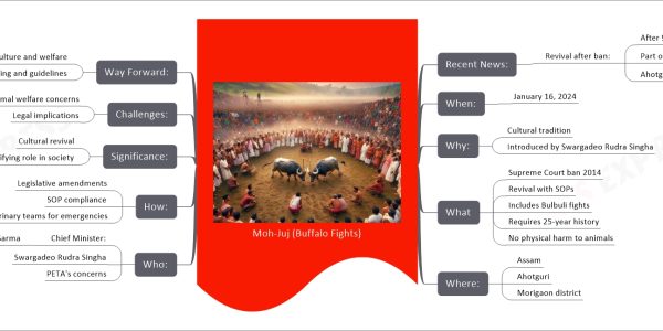 Moh-Juj (Buffalo Fights) mind map   Recent News:     Revival after ban:       After 9 years       Part of Magh Bihu       Ahotguri, Nagaon District   When:     January 16, 2024   Why:     Cultural tradition     Introduced by Swargadeo Rudra Singha   What     Supreme Court ban 2014     Revival with SOPs     Includes Bulbuli fights     Requires 25-year history     No physical harm to animals   Where:     Assam     Ahotguri     Morigaon district   Who:     Chief Minister:       Himanta Biswa Sarma     Swargadeo Rudra Singha     PETA's concerns   How:     Legislative amendments     SOP compliance     Veterinary teams for emergencies   Significance:     Cultural revival     Unifying role in society   Challenges:     Animal welfare concerns     Legal implications   Way Forward:     Balance between culture and welfare     Continued monitoring and guidelines