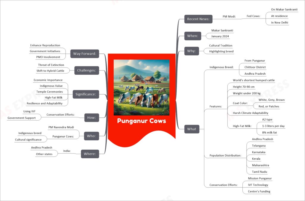 Punganur Cows mind map
Recent News:
PM Modi:
Fed Cows:
On Makar Sankranti
At residence
In New Delhi
When:
Makar Sankranti
January 2024
Why:
Cultural Tradition
Highlighting breed
What
Indigenous Breed:
From Punganur
Chittoor District
Andhra Pradesh
Features:
World's shortest humped cattle
Height 70-90 cm
Weight under 200 kg
Coat Color:
White, Grey, Brown
Red, or Patches
Harsh Climate Adaptability
High-Fat Milk:
A2 type
1-3 liters per day
8% milk fat
Population Distribution:
Andhra Pradesh
Telangana
Karnataka
Kerala
Maharashtra
Tamil Nadu
Conservation Efforts:
Mission Punganur
IVF Technology
Centre's Funding
Where:
India:
Andhra Pradesh
Other states
Who:
PM Narendra Modi
Punganur Cows:
Indigenous breed
Cultural significance
How:
Conservation Efforts:
Using IVF
Government Support
Significance:
Economic Importance
Indigenous Value
Temple Ceremonies
High-Fat Milk
Resilience and Adaptability
Challenges:
Threat of Extinction
Shift to Hybrid Cattle
Way Forward:
Enhance Reproduction
Government Initiatives
PMO Involvement
