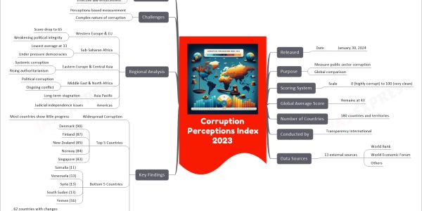 Corruption Perceptions Index 2023 mind map Released Date January 30, 2024 Purpose Measure public sector corruption Global comparison Scoring System Scale 0 (highly corrupt) to 100 (very clean) Global Average Score Remains at 43 Number of Countries 180 countries and territories Conducted by Transparency International Data Sources 13 external sources World Bank World Economic Forum Others Key Findings Widespread Corruption Most countries show little progress Top 5 Countries Denmark (90) Finland (87) New Zealand (85) Norway (84) Singapore (83) Bottom 5 Countries Somalia (11) Venezuela (13) Syria (13) South Sudan (13) Yemen (16) Significant Changes since 2012 62 countries with changes 28 countries improved 34 countries declined Regional Analysis Western Europe & EU Score drop to 65 Weakening political integrity Sub-Saharan Africa Lowest average at 33 Under pressure democracies Eastern Europe & Central Asia Systemic corruption Rising authoritarianism Middle East & North Africa Political corruption Ongoing conflict Asia Pacific Long-term stagnation Americas Judicial independence issues Challenges Perceptions-based measurement Complex nature of corruption Way Forward Stronger justice systems Independent judiciaries Effective law enforcement