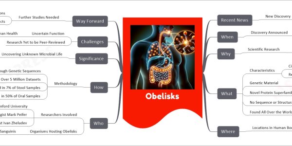 Obelisks mind map Recent News New Discovery In Human Gut Microbes Virus-Like Entities When Discovery Announced January 2024 Why Scientific Research Investigating Human Microbiome What Characteristics Circular RNA Genomes Resemble Rod-Like Structures Genetic Material 1,000 Bases Long Novel Protein Superfamily Called Oblins No Sequence or Structural Similarity To Known Biological Agents Found All Over the World In Various Microbiomes Where Locations in Human Body Human Gut Human Mouth Who Researchers Involved Team at Stanford University Cell and Developmental Biologist Mark Peifer Biochemist Ivan Zheludev Organisms Hosting Obelisks Streptococcus Sanguinis How Methodology Trawling through Genetic Sequences Analyzed Over 5 Million Datasets Found in 7% of Stool Samples Found in 50% of Oral Samples Significance Uncovering Unknown Microbial Life Deepens Understanding of Microbiome Challenges Uncertain Function Unclear Role in Human Health Research Yet to be Peer-Reviewed Way Forward Further Studies Needed To Determine Functions To Explore Health Impacts