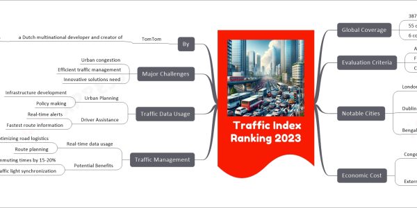 Traffic Index Ranking 2023 mind map Global Coverage 387 cities 55 countries 6 continents Evaluation Criteria Average travel time Fuel costs CO2 emissions Notable Cities London Slowest city to drive High time lost due to congestion Dublin Significant rush-hour delays High average travel time Bengaluru Major delays in metropolitan area Noticeable congestion impact Economic Cost Congestion Impact Lost time Increased fuel costs Externalities Freight delay Inflationary pressure Environmental impact Traffic Management Real-time data usage Optimizing road logistics Route planning Potential Benefits Reducing commuting times by 15-20% Intelligent traffic light synchronization Traffic Data Usage Urban Planning Infrastructure development Policy making Driver Assistance Real-time alerts Fastest route information Major Challenges Urban congestion Efficient traffic management Innovative solutions need By TomTom a Dutch multinational developer and creator of location technology and consumer electronics