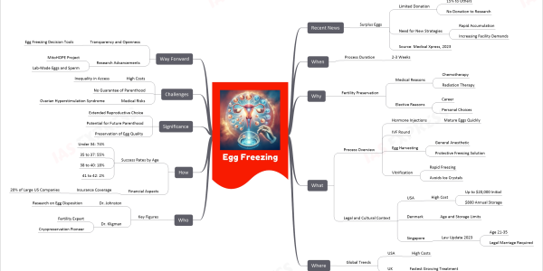 Egg Freezing mind map Recent News Surplus Eggs Limited Donation 15% to Others No Donation to Research Need for New Strategies Rapid Accumulation Increasing Facility Demands Source: Medical Xpress, 2023 When Process Duration 2-3 Weeks Why Fertility Preservation Medical Reasons Chemotherapy Radiation Therapy Elective Reasons Career Personal Choices What Process Overview Hormone Injections Mature Eggs Quickly IVF Round Egg Harvesting General Anesthetic Protective Freezing Solution Vitrification Rapid Freezing Avoids Ice Crystals Legal and Cultural Context USA High Cost Up to $20,000 Initial $800 Annual Storage Denmark Age and Storage Limits Singapore Law Update 2023 Age 21-35 Legal Marriage Required Where Global Trends USA High Costs UK Fastest Growing Treatment Who Key Figures Dr. Johnston Research on Egg Disposition Dr. Kligman Fertility Expert Cryopreservation Pioneer How Success Rates by Age Under 34: 74% 35 to 37: 55% 38 to 40: 18% 41 to 42: 2% Financial Aspects Insurance Coverage 20% of Large US Companies Significance Extended Reproductive Choice Potential for Future Parenthood Preservation of Egg Quality Challenges High Costs Inequality in Access No Guarantee of Parenthood Medical Risks Ovarian Hyperstimulation Syndrome Way Forward Transparency and Openness Egg Freezing Decision Tools Research Advancements MitoHOPE Project Lab-Made Eggs and Sperm