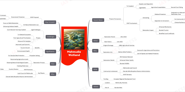 Mahmudia Wetland mind map Recent News: Threat of Conversion: To Cropland: Despite Local Opposition Legal Battle: Agricultural Leaseholders: Secured Court Ruling WWF Involvement: Advocating: Wetland Protection: Designation as National Interest Ecological Restoration Area Opposition to Conversion: For Community's Well-being Climate Resilience Restoration Impact: Enhanced Biodiversity Boosted Tourism Benefited Local Livelihoods When: Restoration Period: 2012-2016 Dyke Failure: June 2023 Why: Original Drainage: 1980s Agricultural Activities Restoration Aim: Address Delta Problems: Overuse for Agriculture and Pisciculture Lack of Species and Habitat Protection What Restoration Details: 924 Hectares Restored Enhanced Water Quality Boosted Wildlife Community Involvement: Mahmudia Local Council Danube Delta Biosphere Reserve Administration WWF-Romania Funding: European Regional Development Fund Where: Location: Mahmudia, Romania Part of: Danube Delta Who: Key Players: WWF-Romania: Country Director: Orieta Hulea Local Council of Mahmudia Danube Delta Biosphere Reserve Administration How: Restoration Process: Reconnecting Agriculture Lands Restoring Natural Hydrological System Creating Waterways Significance: Benefits: Improved Local Economy Tourism Growth Environmental Health Precedent Setting: For Danube Delta Protection Challenges: Legal Challenges: Court Decision Favoring Cropland Threats: To Wetland Ecosystems From Agricultural Prioritization Misuse of EU Subsidies Way Forward: WWF Proposal: Government Protection: Cancel Agricultural Contracts Compensate Leaseholders EU Nature Restoration Law: Focus on Delta Restoration Enhancing Wetland Health