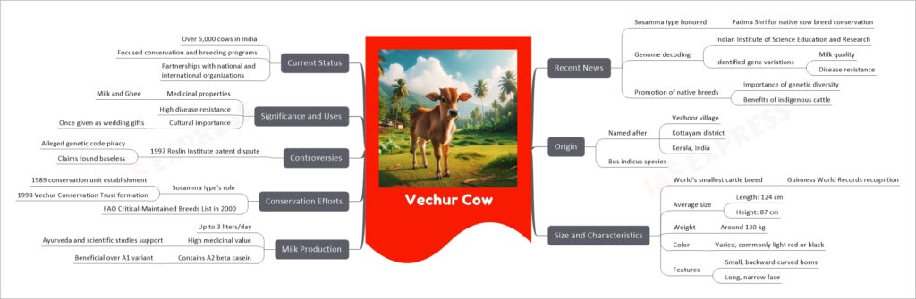 Vechur Cow mind map
Recent News
Sosamma Iype honored
Padma Shri for native cow breed conservation
Genome decoding
Indian Institute of Science Education and Research
Identified gene variations
Milk quality
Disease resistance
Promotion of native breeds
Importance of genetic diversity
Benefits of indigenous cattle
Origin
Named after
Vechoor village
Kottayam district
Kerala, India
Bos indicus species
Size and Characteristics
World's smallest cattle breed
Guinness World Records recognition
Average size
Length: 124 cm
Height: 87 cm
Weight
Around 130 kg
Color
Varied, commonly light red or black
Features
Small, backward-curved horns
Long, narrow face
Milk Production
Up to 3 liters/day
High medicinal value
Ayurveda and scientific studies support
Contains A2 beta casein
Beneficial over A1 variant
Conservation Efforts
Sosamma Iype's role
1989 conservation unit establishment
1998 Vechur Conservation Trust formation
FAO Critical-Maintained Breeds List in 2000
Controversies
1997 Roslin Institute patent dispute
Alleged genetic code piracy
Claims found baseless
Significance and Uses
Medicinal properties
Milk and Ghee
High disease resistance
Cultural importance
Once given as wedding gifts
Current Status
Over 5,000 cows in India
Focused conservation and breeding programs
Partnerships with national and international organizations