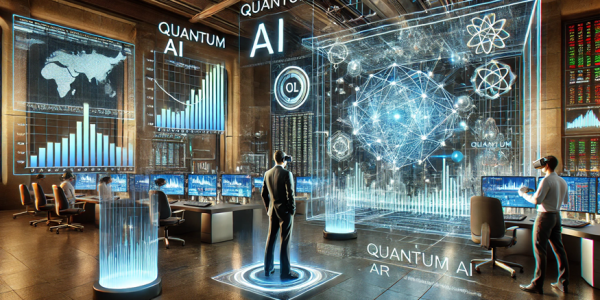 AI-driven trading platform displaying real-time stock market fluctuations, Quantum AI algorithms performing complex calculations, and traders using VR analysis tools.