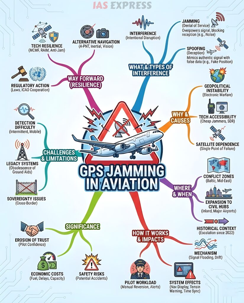 GPS Jamming in Aviation mindmap upsc